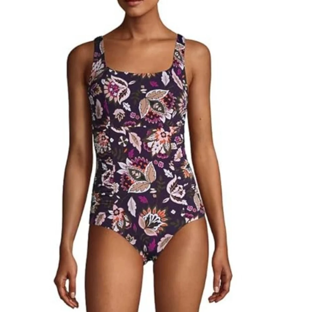 Lands' End Womens Rouched Squareneck One Piece Swimsuit